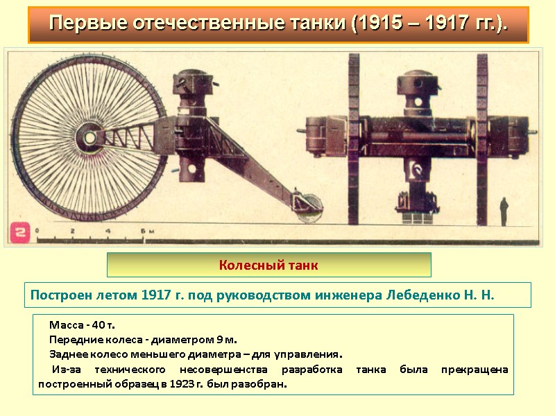 Масса - 40 т.  Передние колеса - диаметром 9 м.  Заднее колесо